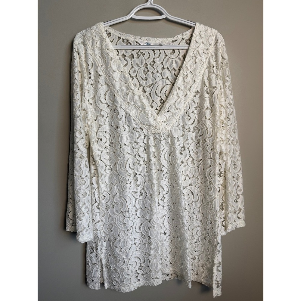 la Vie en Rose Aqua Womens Ivory White Lace Cover Up M Boho Resort Bridal Tunic